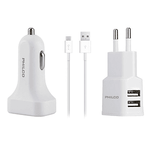 Kit de Carga PHILCO 3 en 1 Tipo C – Cargador de Pared + Cargador de Auto + Cable USB