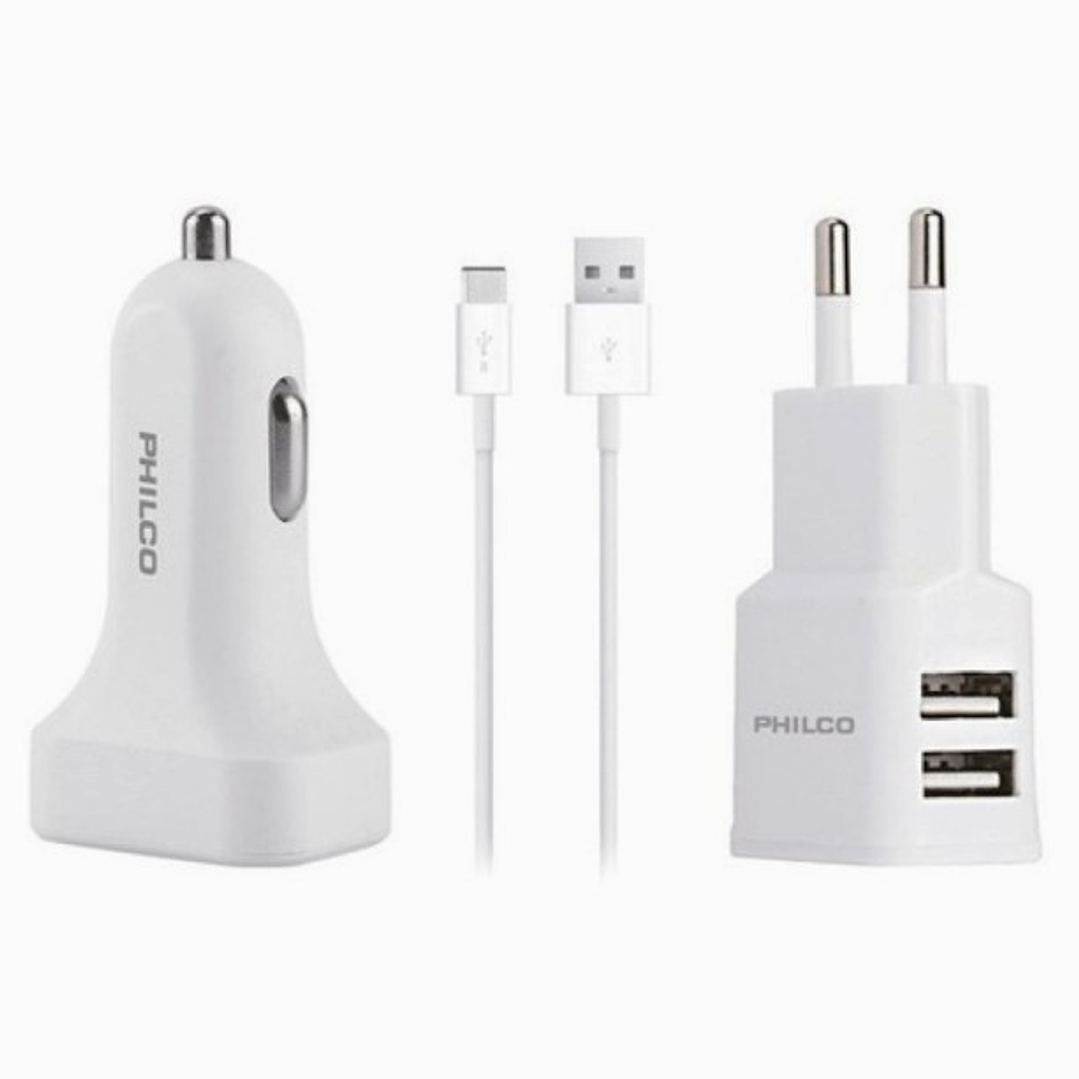 Kit de Carga PHILCO 3 en 1 Tipo C – Cargador de Pared + Cargador de Auto + Cable USB 2