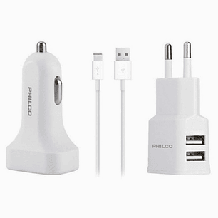 Kit de Carga PHILCO 3 en 1 Tipo C – Cargador de Pared + Cargador de Auto + Cable USB