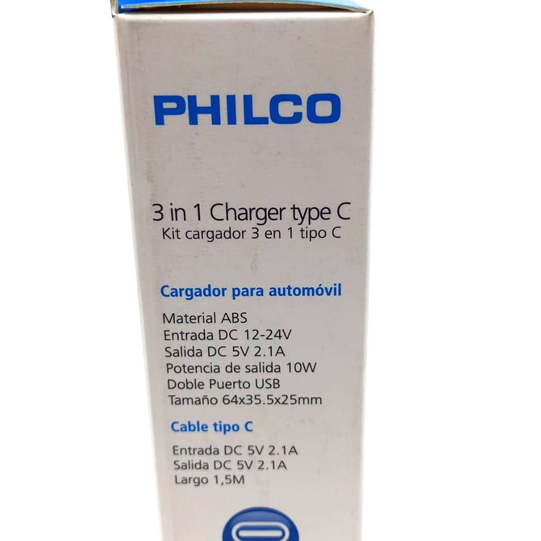 Kit de Carga PHILCO 3 en 1 Tipo C – Cargador de Pared + Cargador de Auto + Cable USB 5