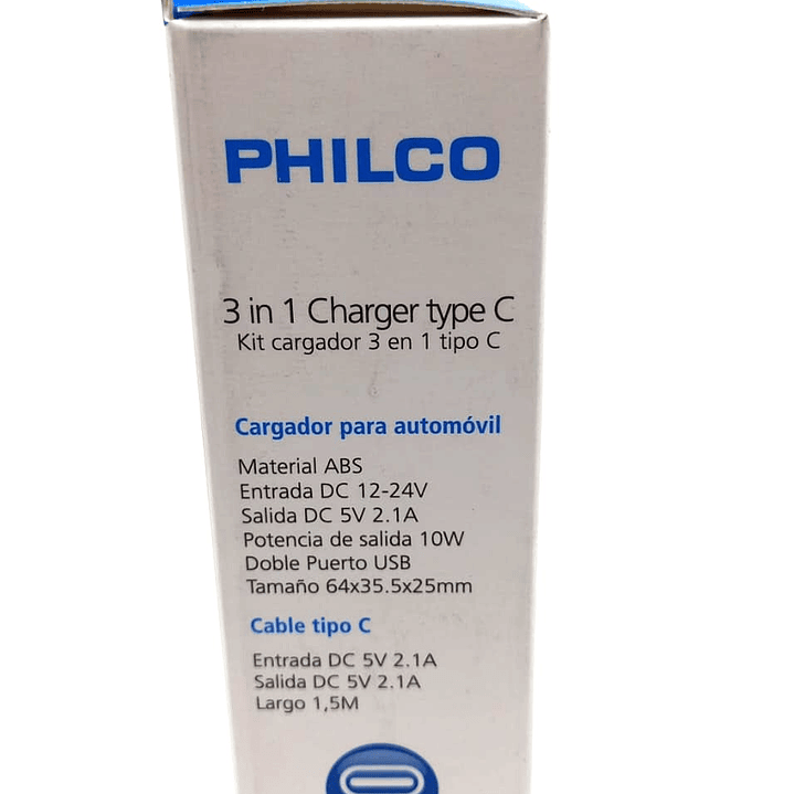 Kit de Carga PHILCO 3 en 1 Tipo C – Cargador de Pared + Cargador de Auto + Cable USB 5