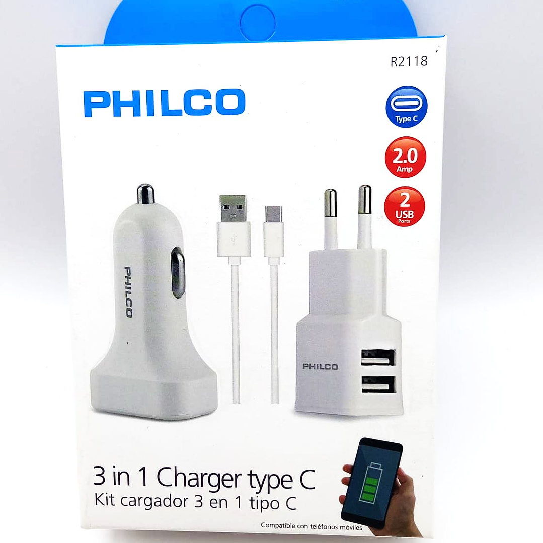 Kit de Carga PHILCO 3 en 1 Tipo C – Cargador de Pared + Cargador de Auto + Cable USB 4
