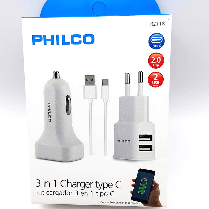 Kit de Carga PHILCO 3 en 1 Tipo C – Cargador de Pared + Cargador de Auto + Cable USB 4