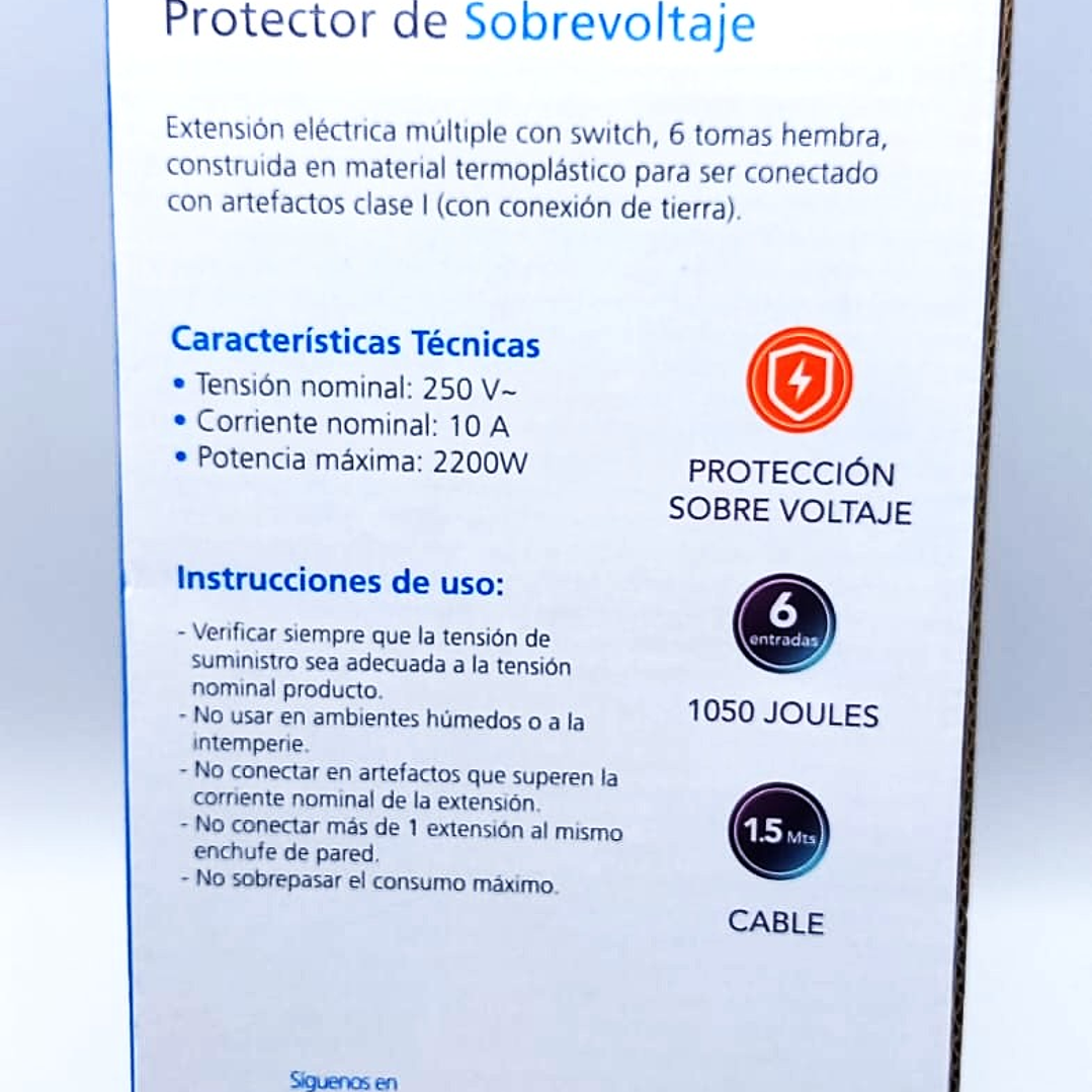 Alargador con 6 tomas / Protector de Sobretensión PHILCO P9186 –  1.5 m de Cable | 1050 Joules  |  2.200W 7