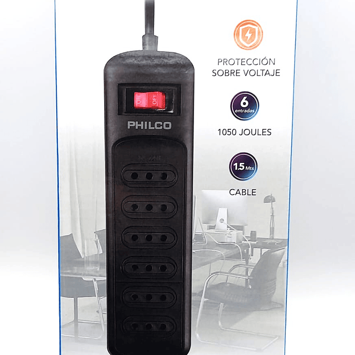 Alargador con 6 tomas / Protector de Sobretensión PHILCO P9186 –  1.5 m de Cable | 1050 Joules  |  2.200W 6
