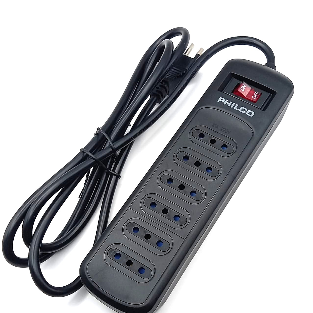 Alargador con 6 tomas / Protector de Sobretensión PHILCO P9186 –  1.5 m de Cable | 1050 Joules  |  2.200W 1