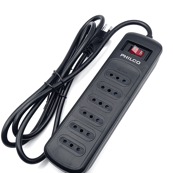 Alargador con 6 tomas / Protector de Sobretensión PHILCO P9186 –  1.5 m de Cable | 1050 Joules  |  2.200W 1