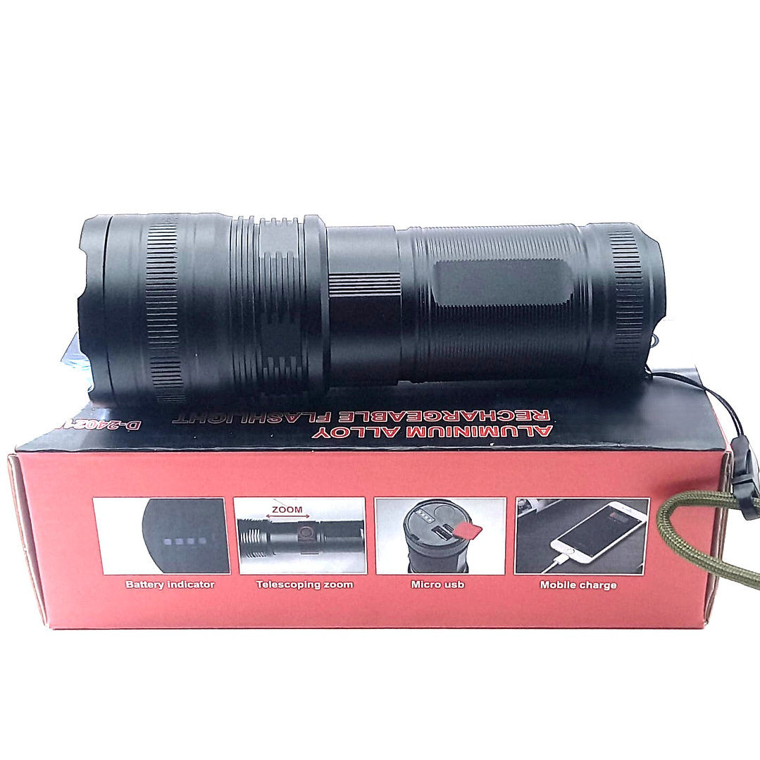 Linterna Recargable D-240215 USB  Aleación de Aluminio, Zoom y Power Bank 5