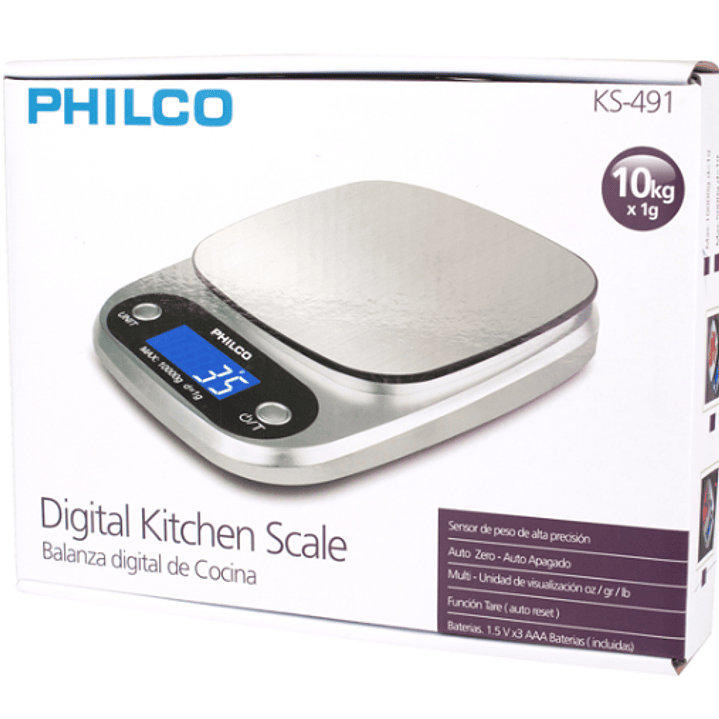 Balanza Digital de Cocina PHILCO KS-491 / Acero Inoxidable, Precisión 1g y Capacidad 10kg 4