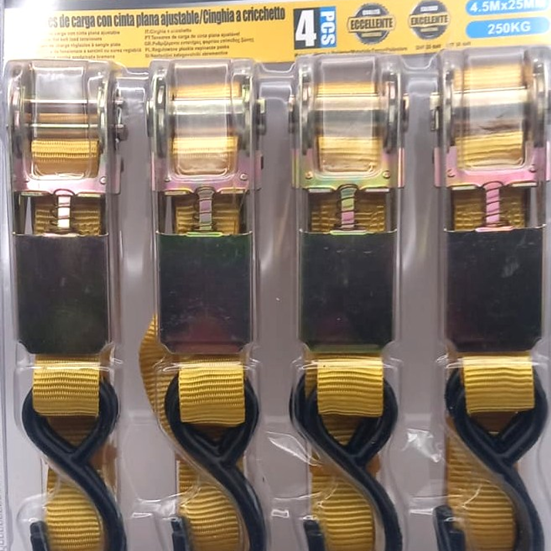 Tensores de Carga TASBEL 4.5M x 25MM  |  Set de 4 con Cinta Plana y Alta Resistencia 5