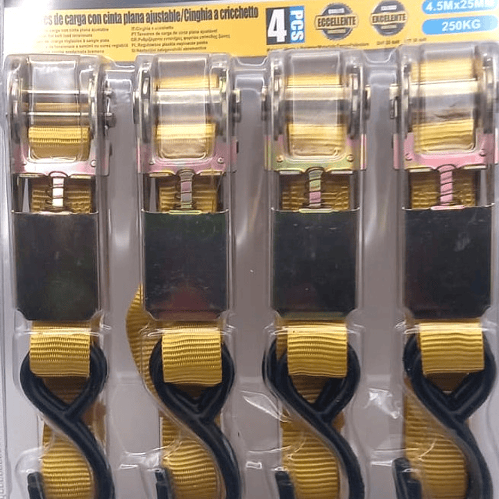 Tensores de Carga TASBEL 4.5M x 25MM  |  Set de 4 con Cinta Plana y Alta Resistencia 5