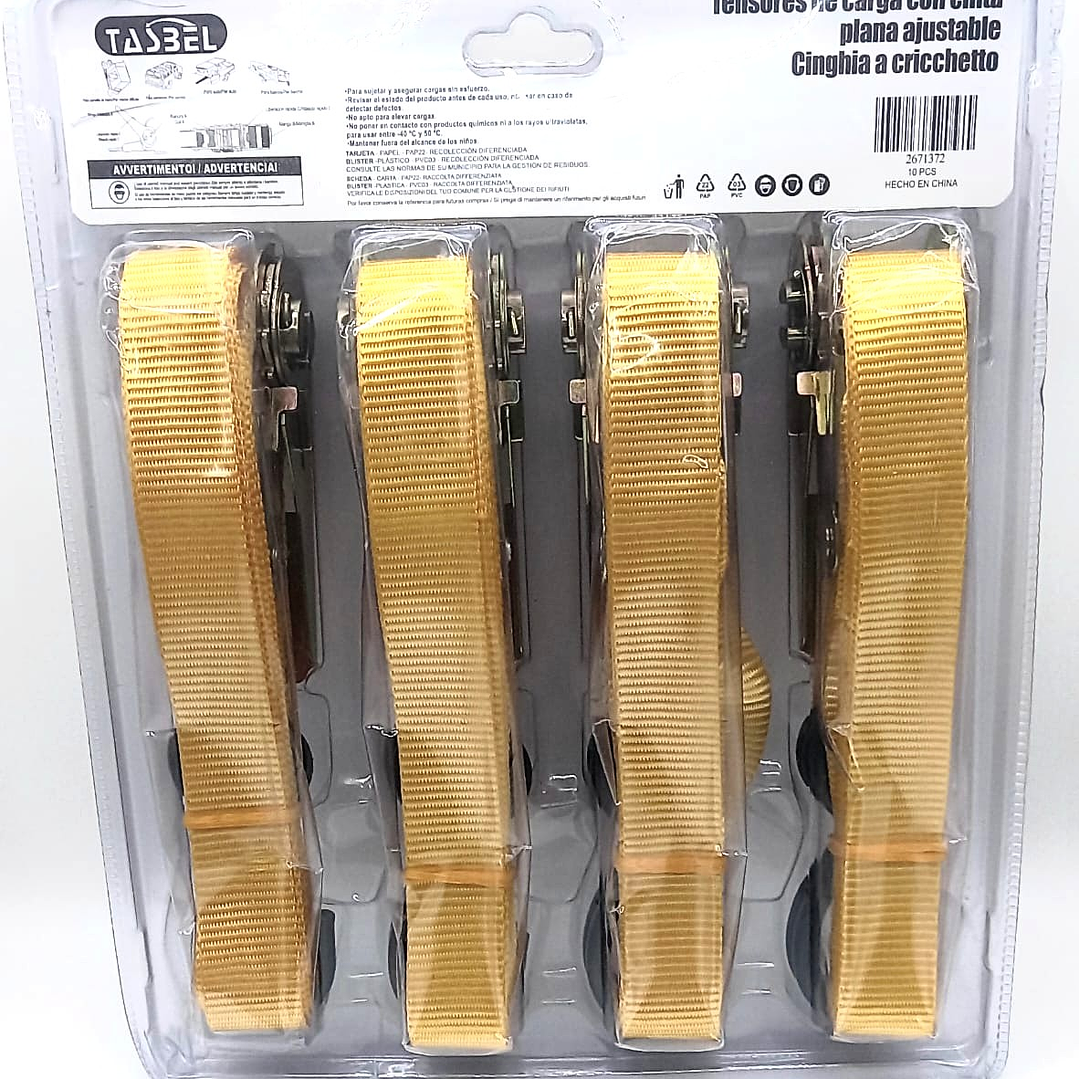 Tensores de Carga TASBEL 4.5M x 25MM  |  Set de 4 con Cinta Plana y Alta Resistencia 7