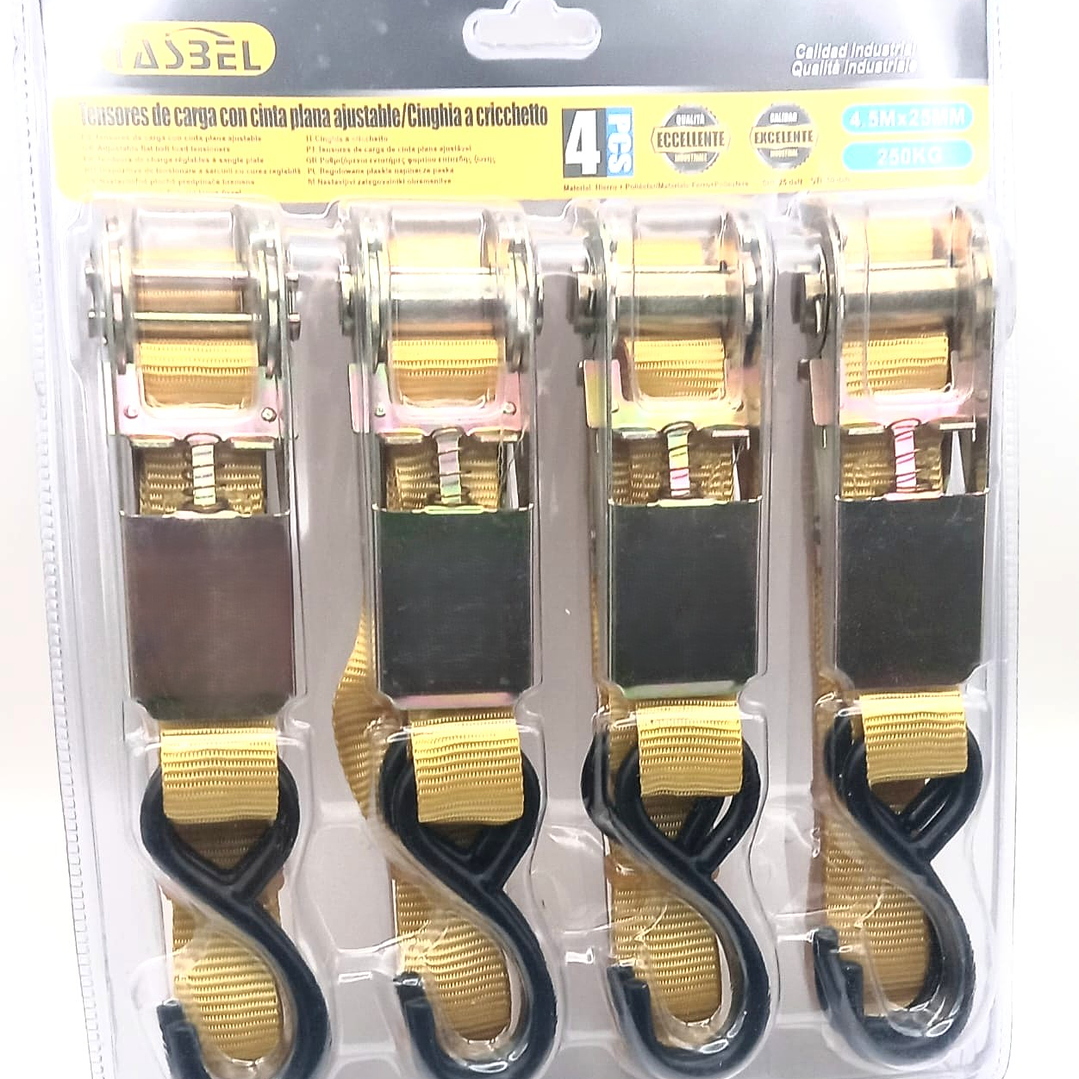Tensores de Carga TASBEL 4.5M x 25MM  |  Set de 4 con Cinta Plana y Alta Resistencia 4