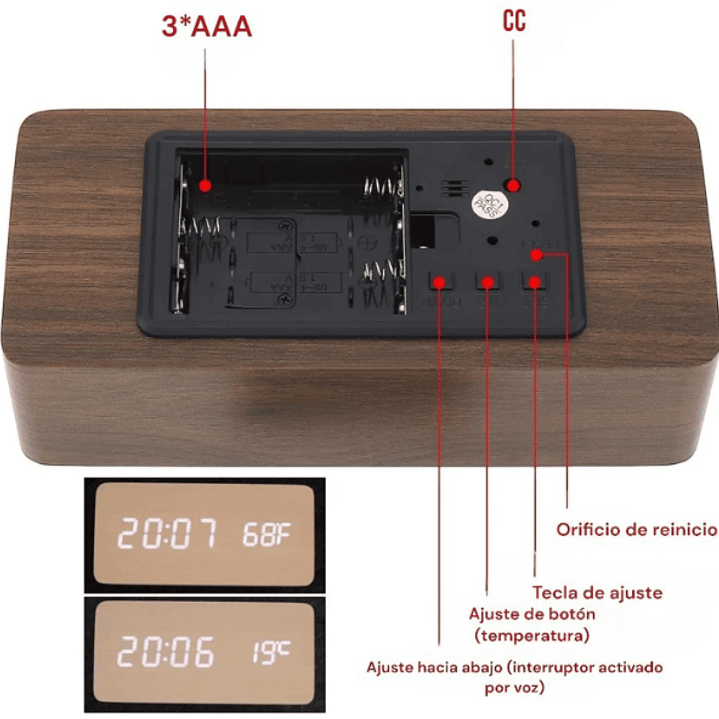 Reloj Digital LED con Control de Voz  Alarma, Calendario y Temperatura 6