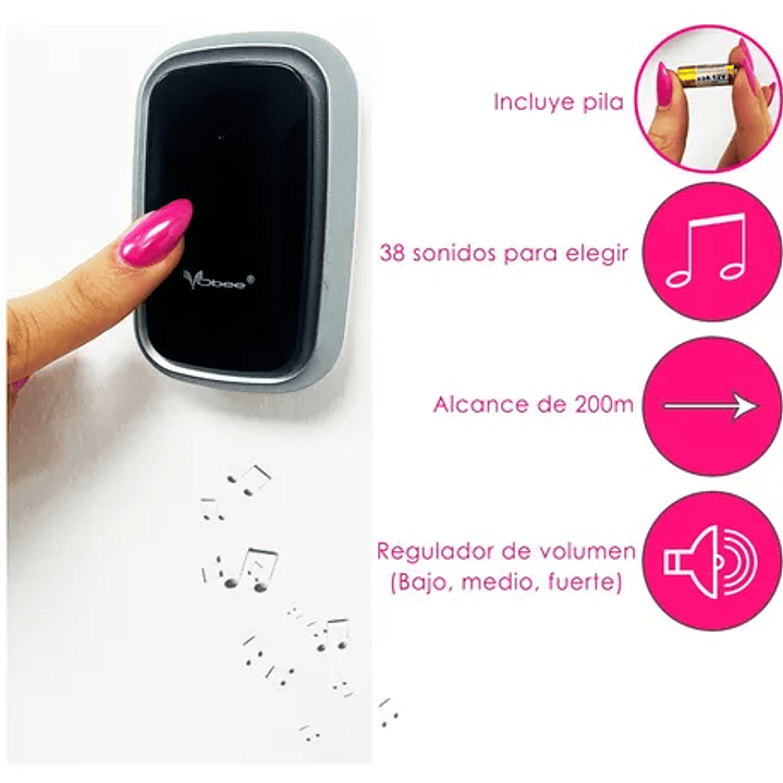 Timbre Inalámbrico Vobee | 38 Sonidos + Pila Incluida | Fácil Instalación 3