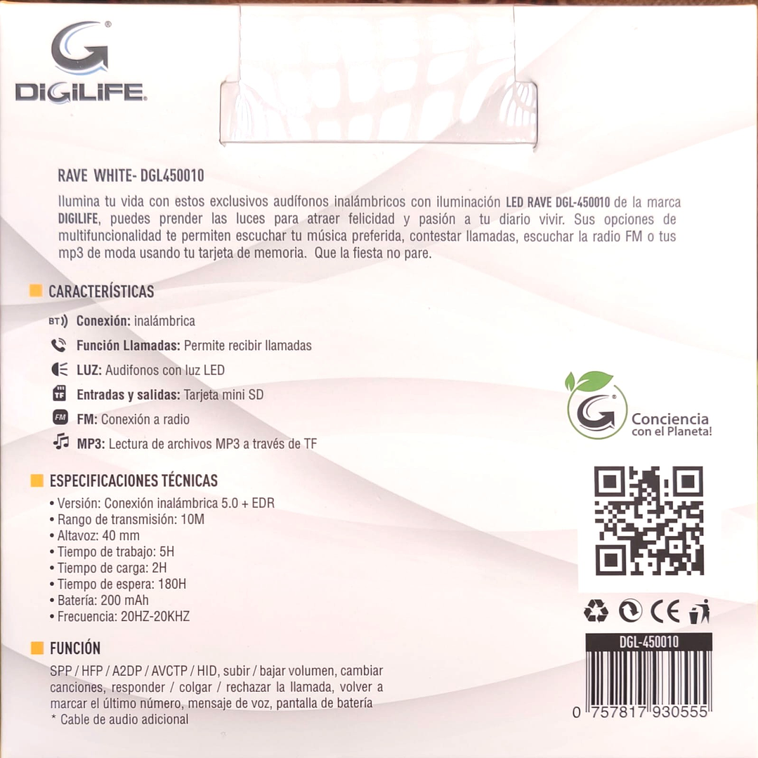 Audífonos DIGILIFE RAVE WHITE | Bluetooth + LED + FM + MicroSD 5