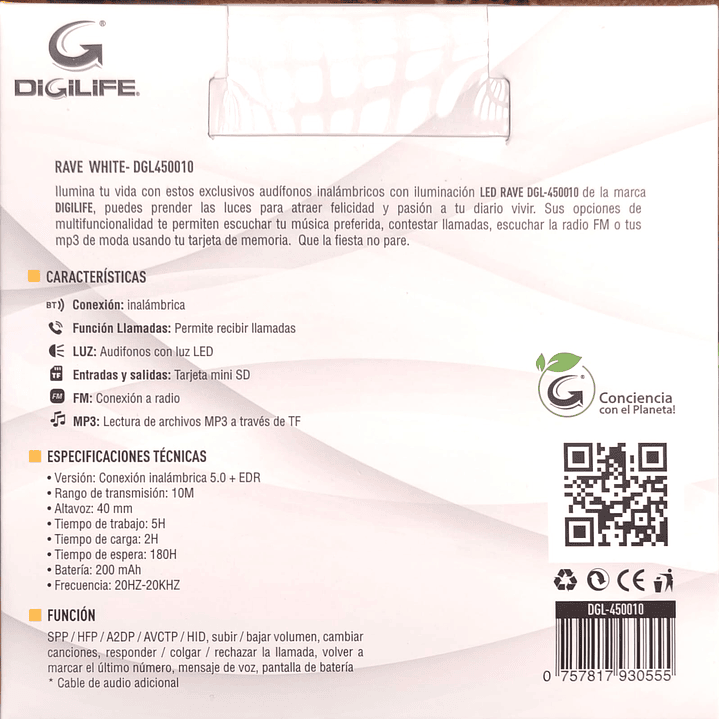 Audífonos DIGILIFE RAVE WHITE | Bluetooth + LED + FM + MicroSD 5