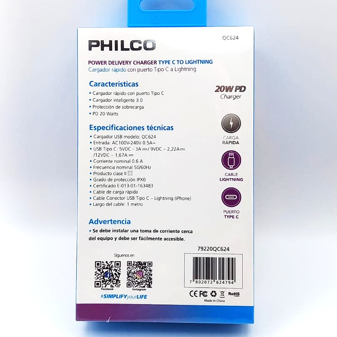 Cargador PHILCO 20W PD + Cable Tipo C a Lightning | Carga Rápida para iPhone y iPad 5