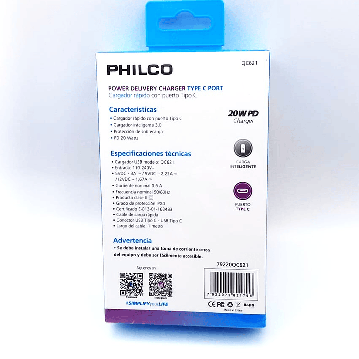 Cargador PHILCO 20W PD QC621 | USB-C + Cable Incluido + Carga Rápida 6