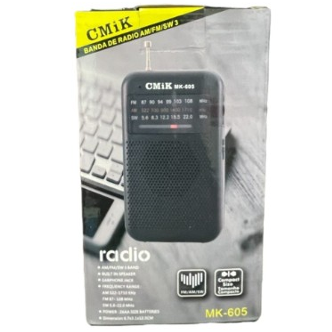 Radio Portátil CMiK MK-605 | AM/FM/SW + Audífonos + Pilas AA + Compacta 7