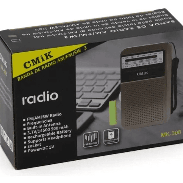 Radio Portátil CMiK MK-309 | AM/FM/SW + Batería Recargable + Audífonos + USB 5