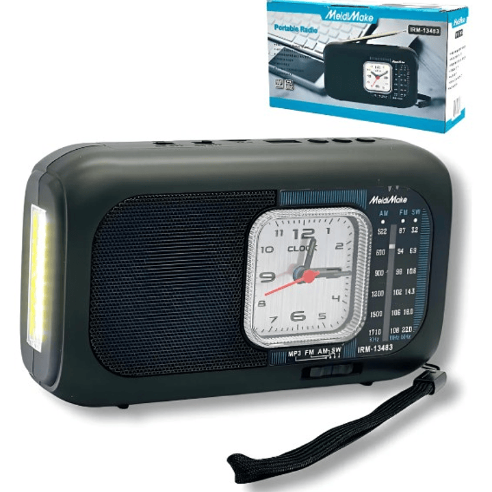Radio Portátil MediaMake IRM-13483 | AM/FM/SW + Reloj + USB/TF + Linterna + Recargable 9
