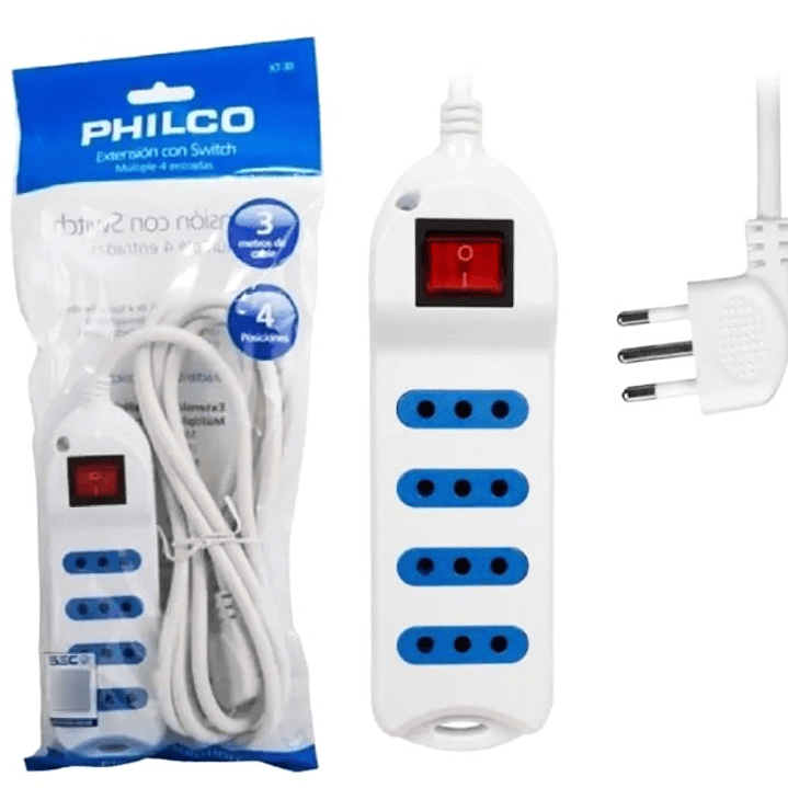 Alargador  PHILCO 4 Enchufes | Interruptor + Cable 3 Metros + Diseño Compacto + Tipo L 5
