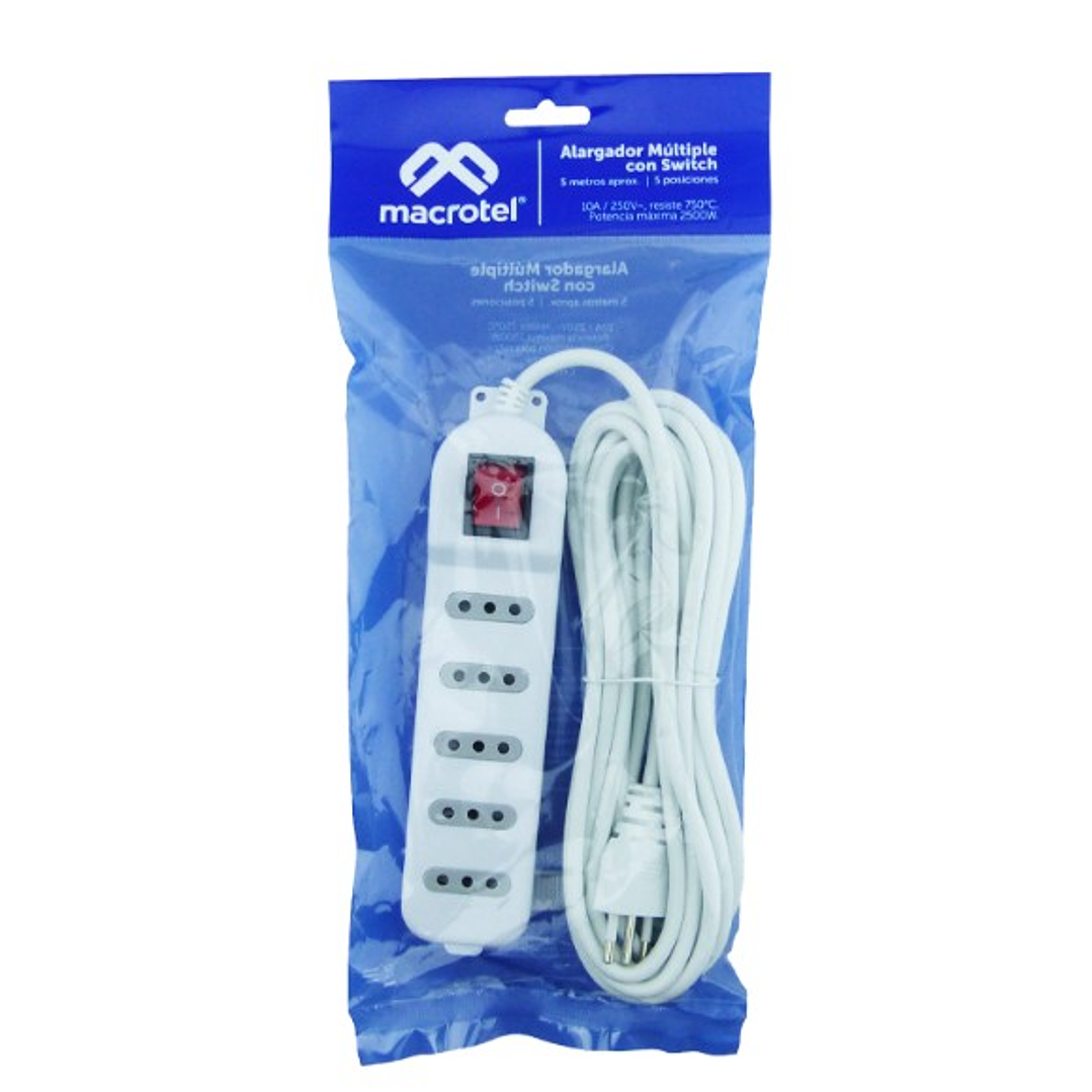 Alargador Eléctrico Macrotel 5 Enchufes | Interruptor + Cable 3 Metros + 2500W + Certificación SEC 3