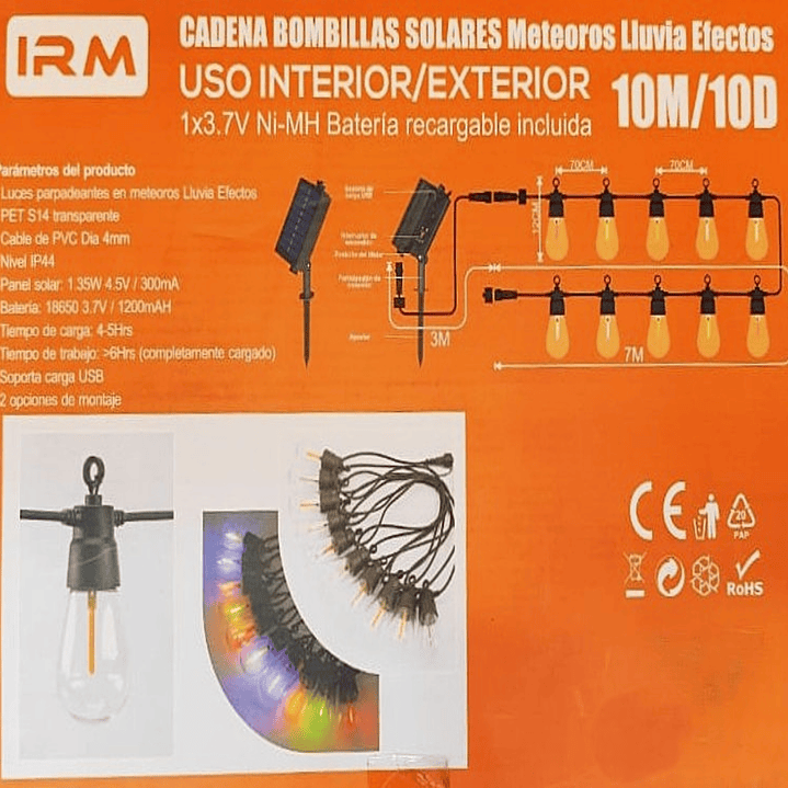 Cadena Solar LED IRM 10M | 10 Ampolletas + Efecto Meteoros + USB + Exterior/Interior 8