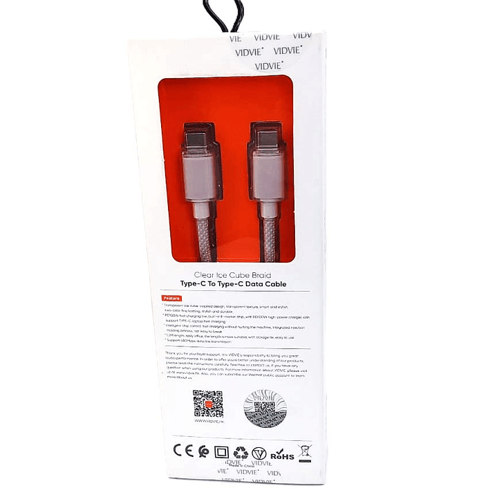 Cable VIDVIE Tipo-C a Tipo-C 100cm | Carga Rápida 3A + Trenzado Ice Cube 3