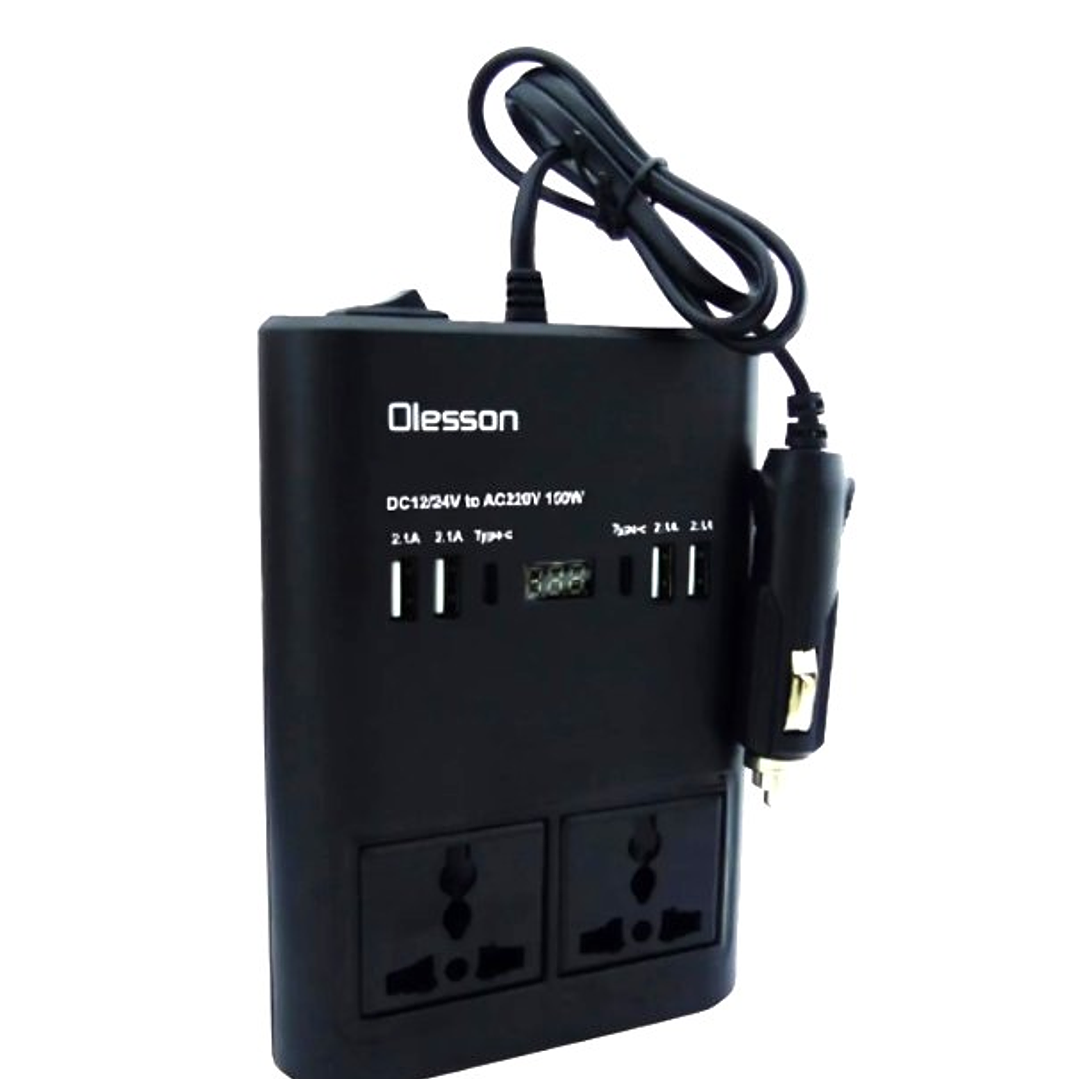 Inversor de Corriente para Auto Olesson 150W | USB + Tipo-C + 2 Salidas AC + Pantalla LED 1