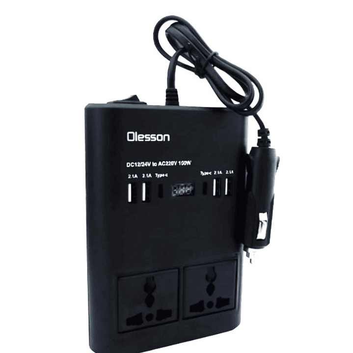 Inversor de Corriente para Auto Olesson 150W | USB + Tipo-C + 2 Salidas AC + Pantalla LED 1