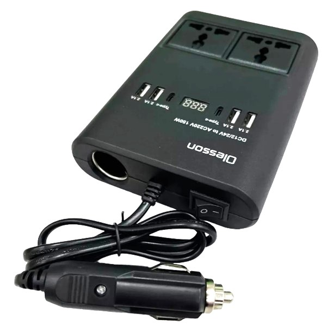 Inversor de Corriente para Auto Olesson 150W | USB + Tipo-C + 2 Salidas AC + Pantalla LED 2