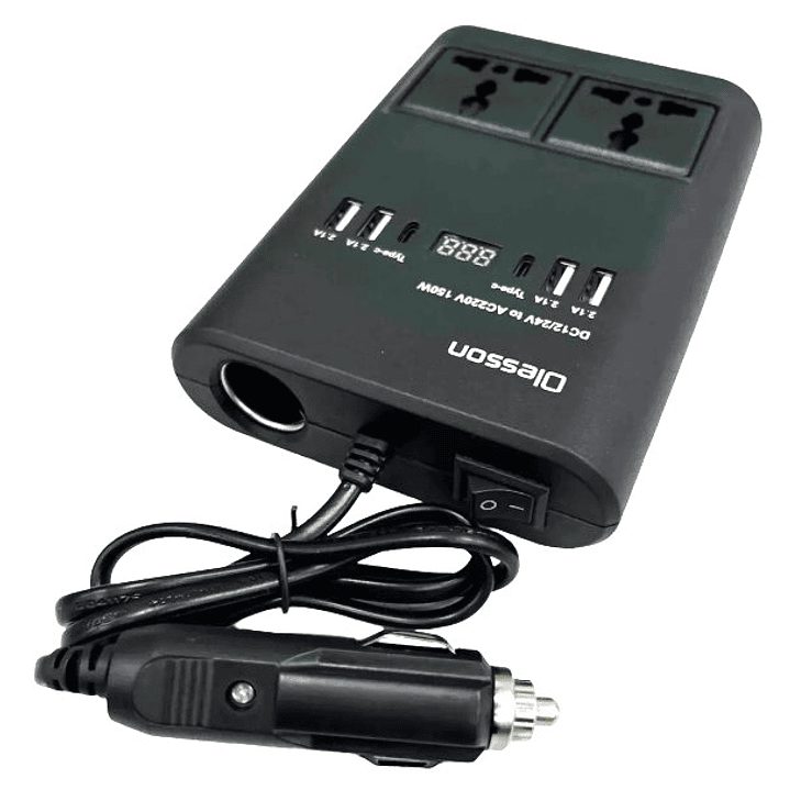 Inversor de Corriente para Auto Olesson 150W | USB + Tipo-C + 2 Salidas AC + Pantalla LED 2