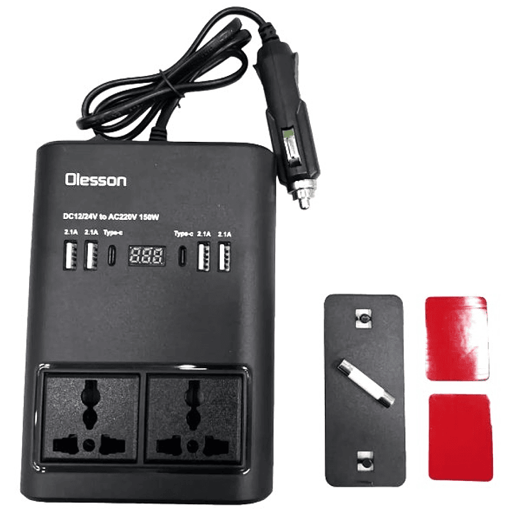 Inversor de Corriente para Auto Olesson 150W | USB + Tipo-C + 2 Salidas AC + Pantalla LED 4