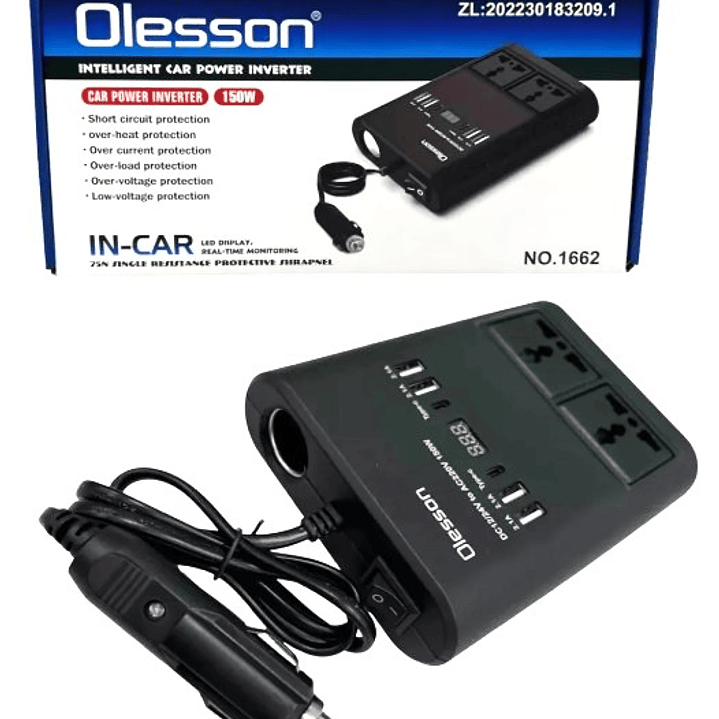 Inversor de Corriente para Auto Olesson 150W | USB + Tipo-C + 2 Salidas AC + Pantalla LED 6