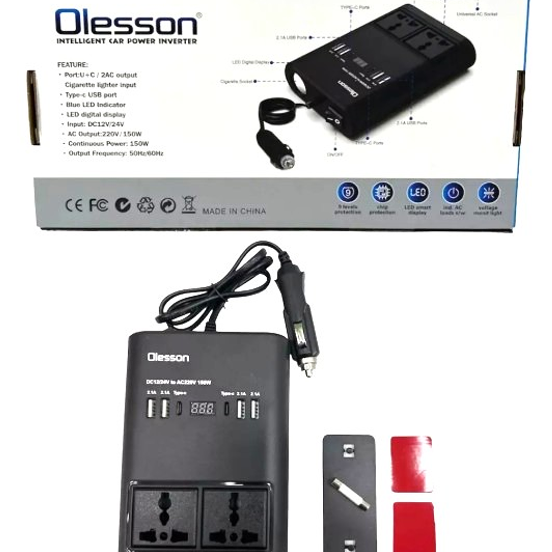 Inversor de Corriente para Auto Olesson 150W | USB + Tipo-C + 2 Salidas AC + Pantalla LED 7