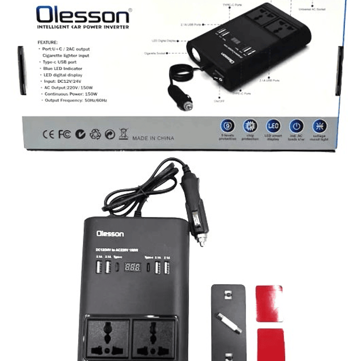 Inversor de Corriente para Auto Olesson 150W | USB + Tipo-C + 2 Salidas AC + Pantalla LED 7