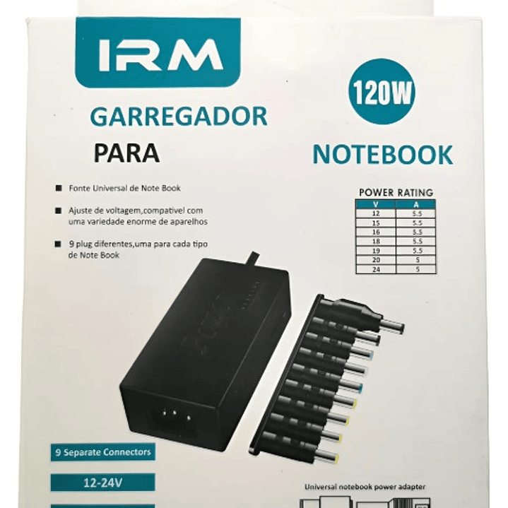 Cargador Universal para Notebook IRM 120W | 12V–24V + 9 Conectores + Compatibilidad Total 3