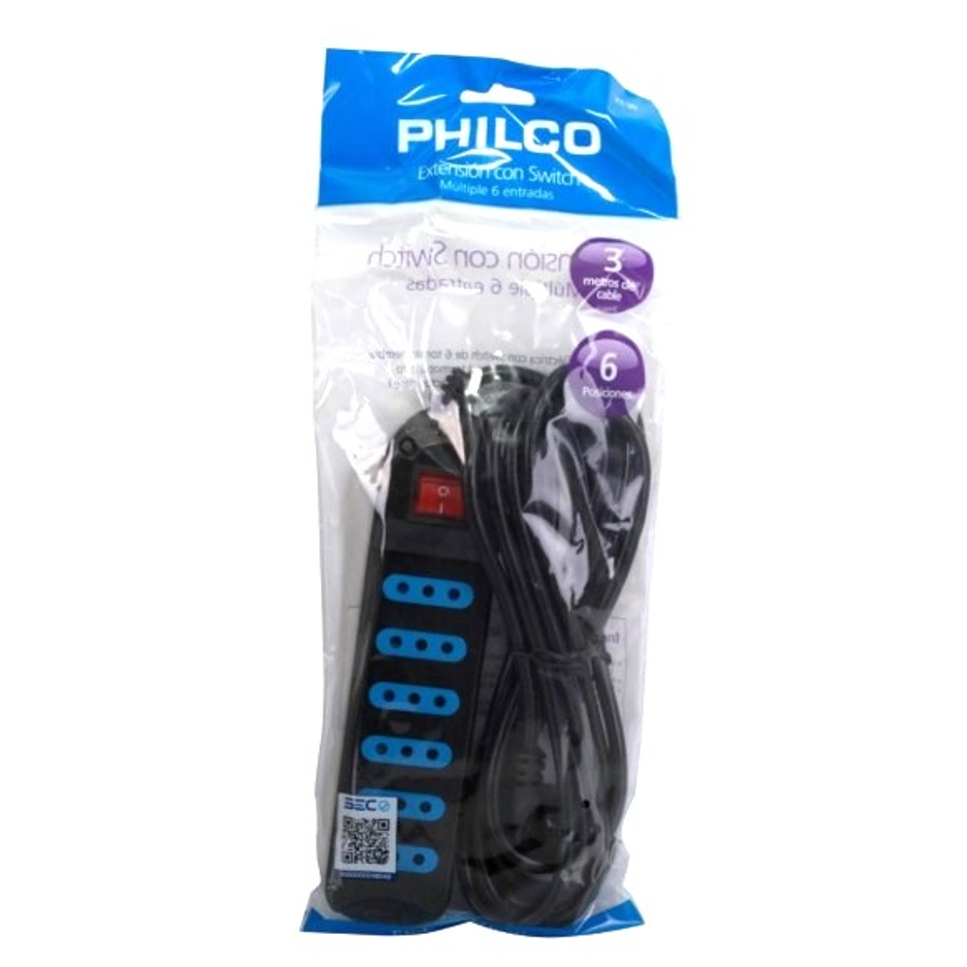 Alargador Philco XT30 Negro | 6 Tomas | 3 Metros | Switch de Seguridad 4