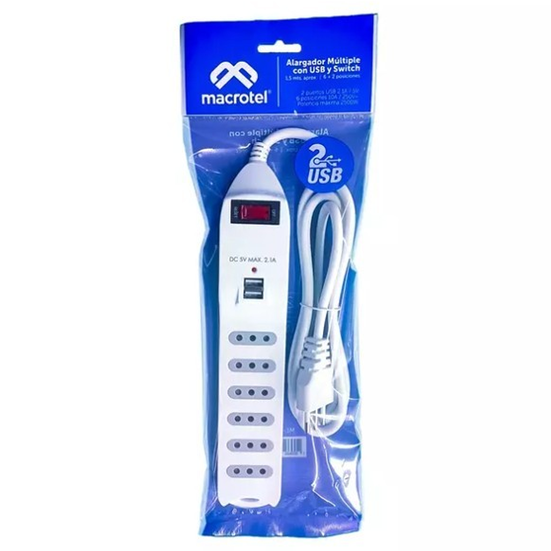 Alargador Macrotel 6 Tomas + USB | 1.5M | Switch de Seguridad | Modelo ME-3706 3