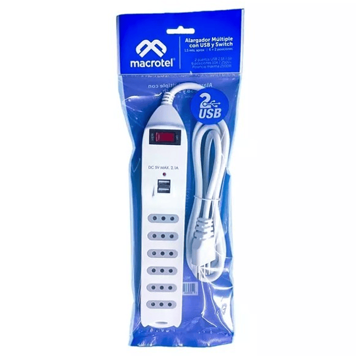 Alargador Macrotel 6 Tomas + USB | 1.5M | Switch de Seguridad | Modelo ME-3706 3