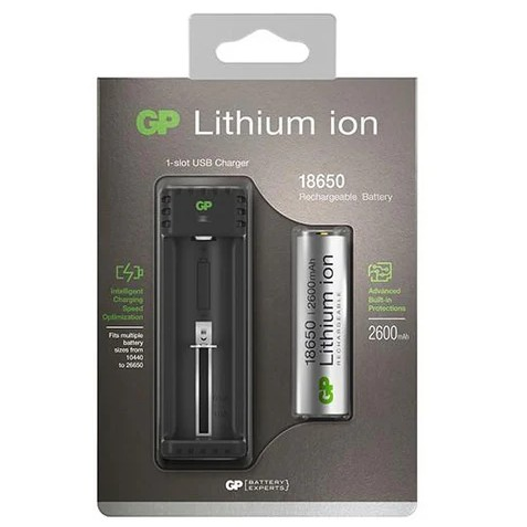 Cargador GP USB + Batería 18650 2600mAh | Recargable | Protección Inteligente 1