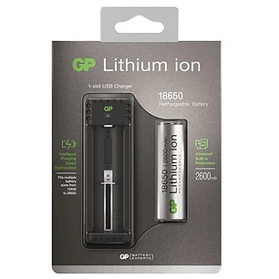 Cargador GP USB + Batería 18650 2600mAh | Recargable | Protección Inteligente