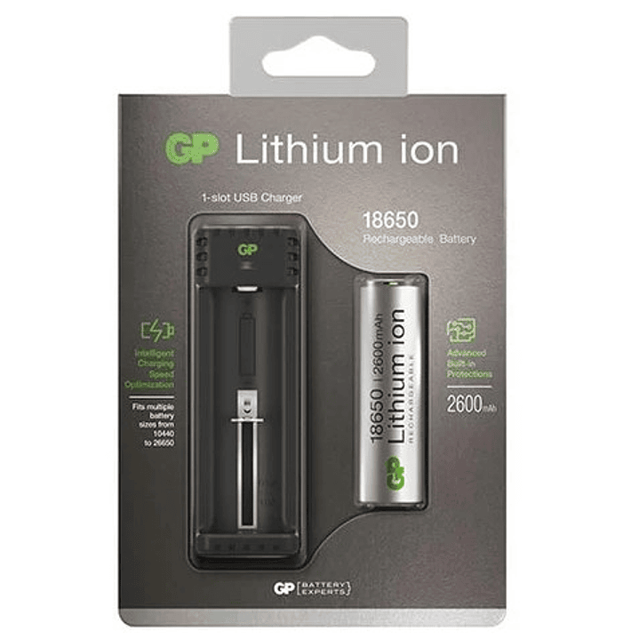 Cargador GP USB + Batería 18650 2600mAh | Recargable | Protección Inteligente 1