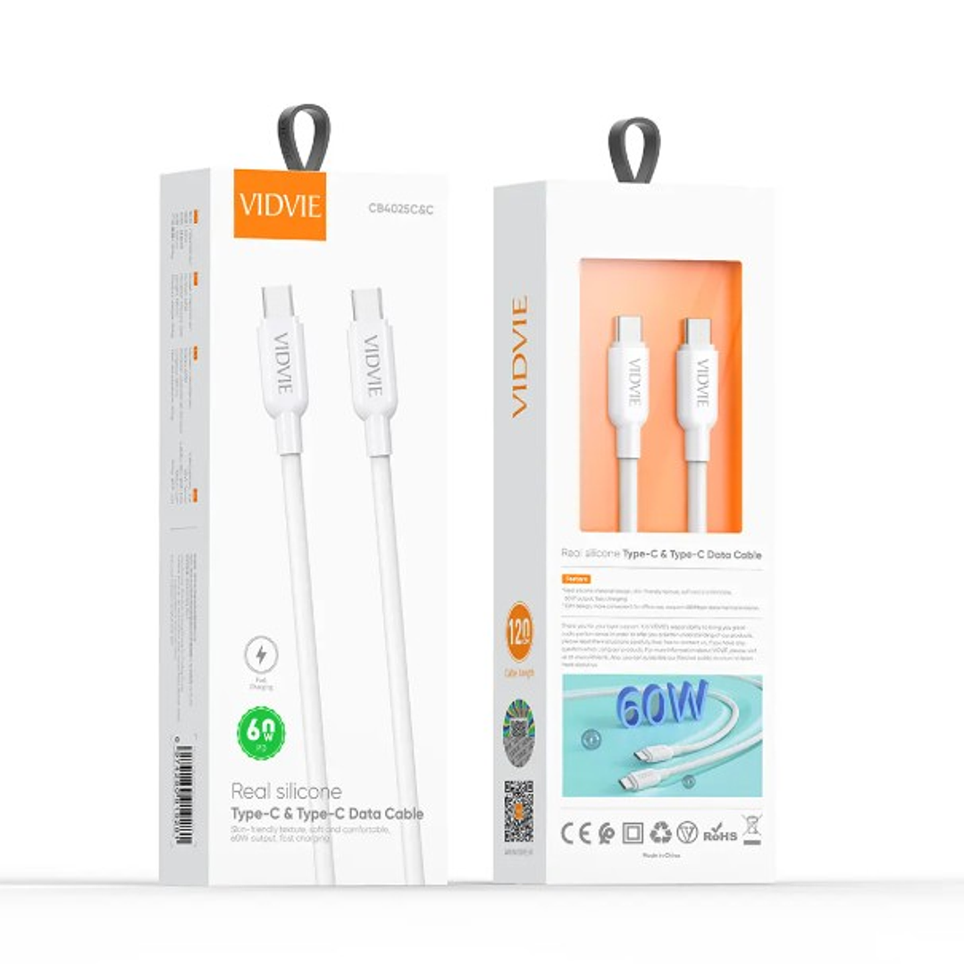 Cable USB-C a USB-C VIDVIE CB4025C&C | 60W Carga Rápida + Silicona Real + 120cm 2