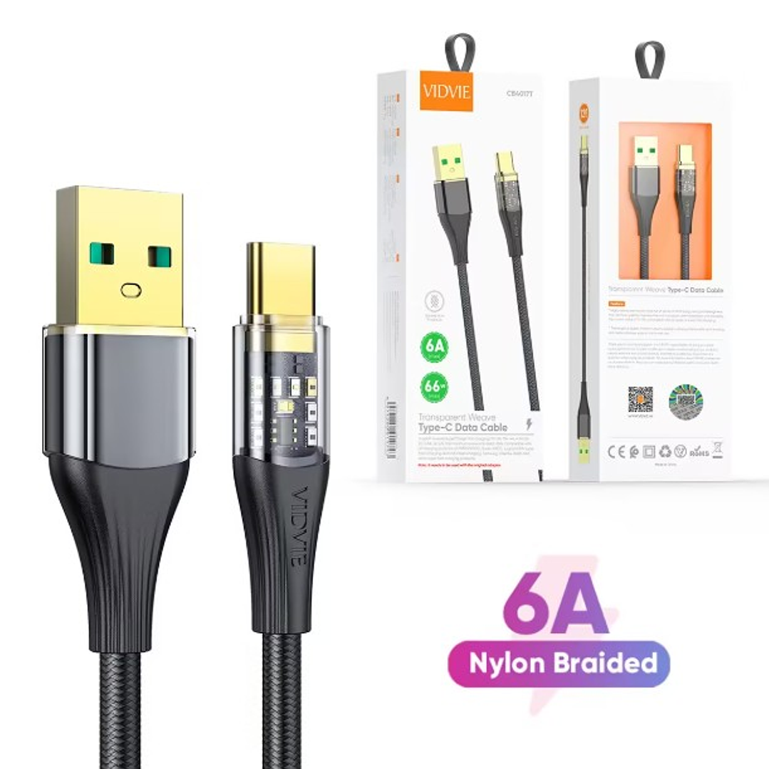 Cable USB-A a USB-C VIDVIE CB407T 6A | Carga Ultra Rápida + Diseño Transparente + Trenzado Nylon 2