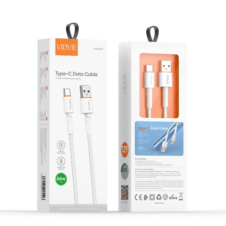 Cable VIDVIE USB-A a Tipo-C CB4033T | Carga Rápida 66W + Transferencia de Datos 2
