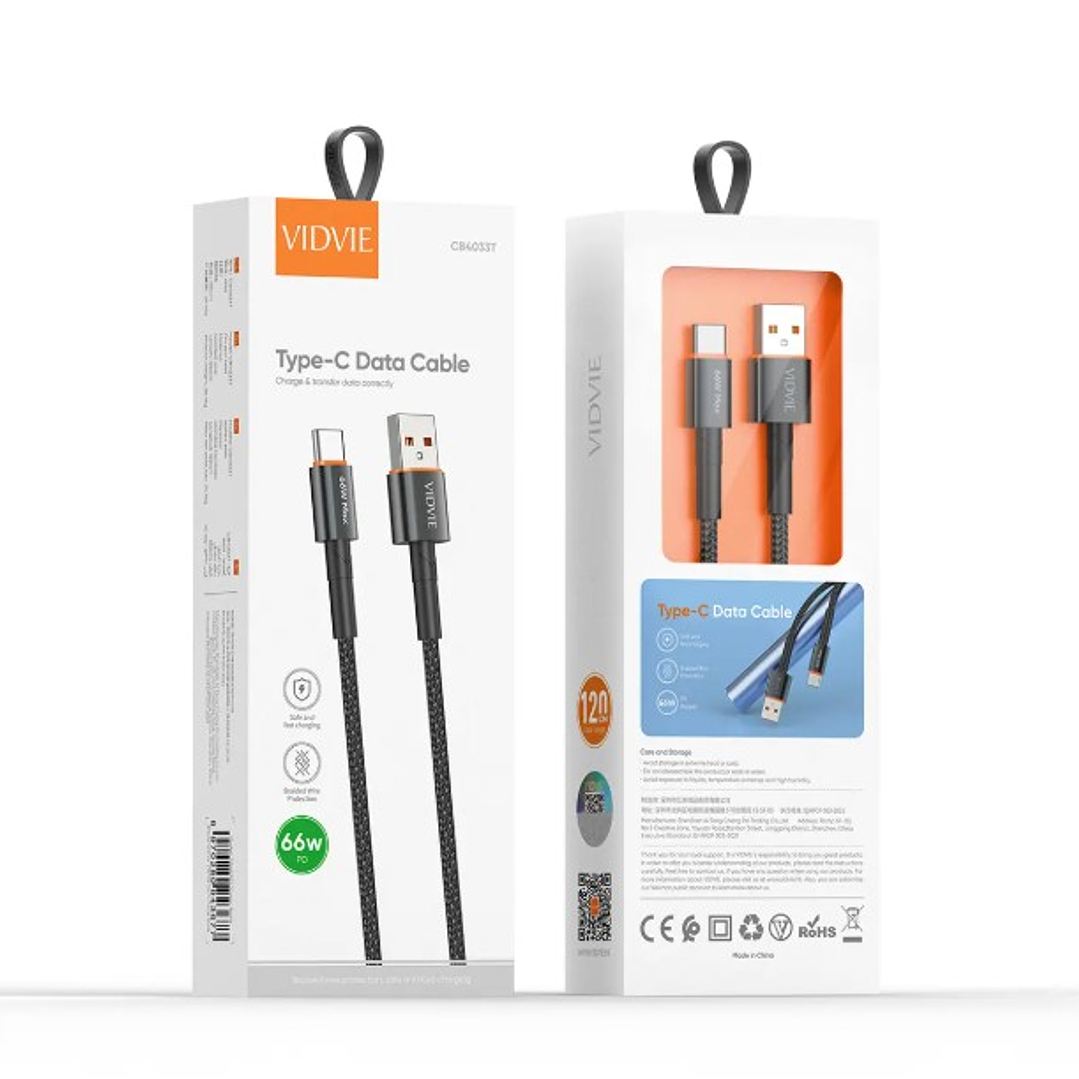 Cable VIDVIE USB-A a Tipo-C CB4033T | Carga Rápida 66W + Transferencia de Datos 3