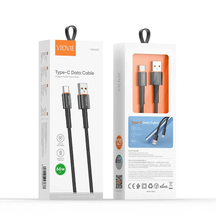 Cable VIDVIE USB-A a Tipo-C CB4033T | Carga Rápida 66W + Transferencia de Datos 3